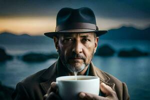 une homme dans une chapeau et manteau en portant une tasse de café. généré par ai photo