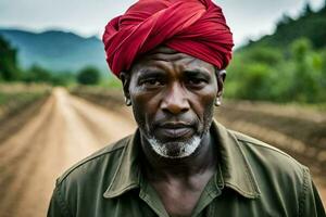 une homme portant une rouge turban des stands sur une saleté route. généré par ai photo