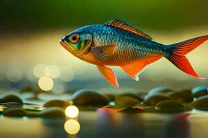 une poisson est permanent sur le l'eau avec rochers. généré par ai photo