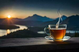 une tasse de thé sur une Montagne Haut. généré par ai photo