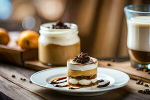 une dessert sur une assiette avec café et une verre de lait. généré par ai photo