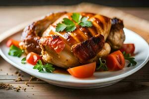 une poulet Sein avec tomates et herbes sur une blanc plaque. généré par ai photo