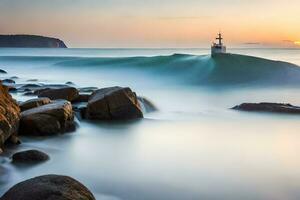 une phare dans le océan à le coucher du soleil. généré par ai photo