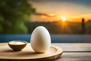 Oeuf sur une en bois table avec une bol de sel. généré par ai photo