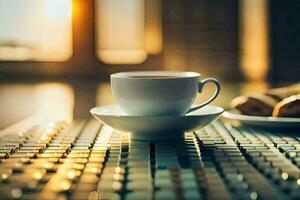 une tasse de thé et une assiette de biscuits sur une table dans le Matin. généré par ai photo