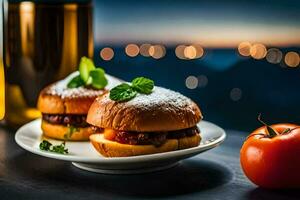 deux hamburgers sur une assiette avec une bouteille de du vin. généré par ai photo