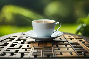 une tasse de café sur une en bois tableau. généré par ai photo