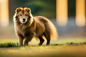 une chien est en marchant sur une herbeux champ. généré par ai photo