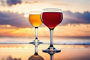 deux des lunettes de du vin sur une table avec le Soleil réglage derrière eux. généré par ai photo