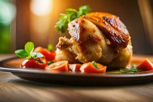 une assiette avec poulet et tomates sur il. généré par ai photo