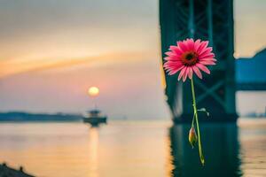 une rose fleur est permanent dans de face de une pont. généré par ai photo