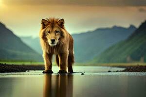 une Lion permanent dans le l'eau à le coucher du soleil. généré par ai photo