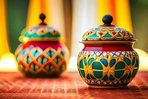 deux coloré pots séance sur une tableau. généré par ai photo