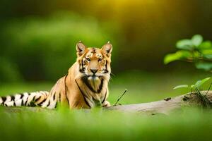 une tigre séance sur une Journal dans le herbe. généré par ai photo