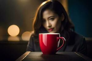une femme est séance dans de face de une rouge café Coupe. généré par ai photo