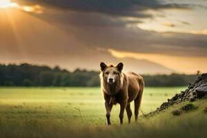 une cheval est permanent dans le milieu de une champ. généré par ai photo