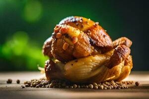 une poulet est séance sur Haut de une en bois tableau. généré par ai photo