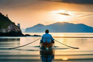 une homme dans une canoë pagayer par le l'eau à le coucher du soleil. généré par ai photo