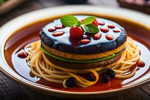 une assiette avec spaghetti et une gâteau sur il. généré par ai photo