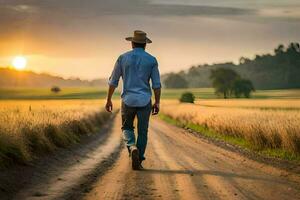 une homme en marchant vers le bas une saleté route à le coucher du soleil. généré par ai photo