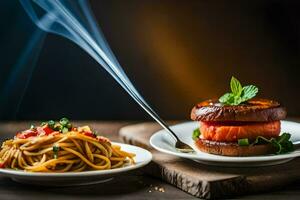 une assiette avec une Burger et spaghetti sur il. généré par ai photo