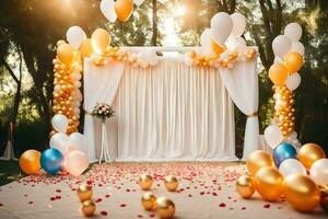 mariage toile de fond avec des ballons et blanc rideaux. généré par ai photo