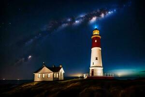 une phare et une maison en dessous de le étoiles. généré par ai photo