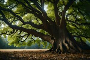 une grand arbre est montré dans le milieu de une champ. généré par ai photo