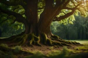 le Soleil brille par le arbre les racines de un vieux chêne. généré par ai photo
