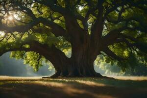 le Soleil brille par le feuilles de un vieux chêne arbre. généré par ai photo