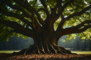 une grand arbre avec les racines dans le sol. généré par ai photo