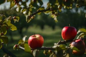 deux pommes sont sur une arbre branche dans un verger. généré par ai photo