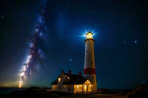 une phare avec une étoilé ciel et une lumière brillant. généré par ai photo