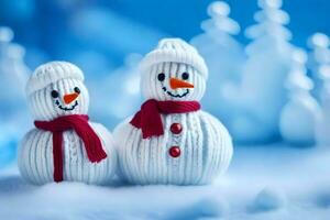 deux bonhommes de neige sont fabriqué en dehors de tricoté matériel. généré par ai photo