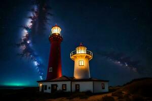 deux phare tours en dessous de le nuit ciel. généré par ai photo