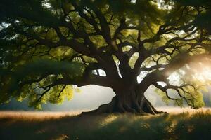 le Soleil brille par le branches de un vieux chêne arbre. généré par ai photo