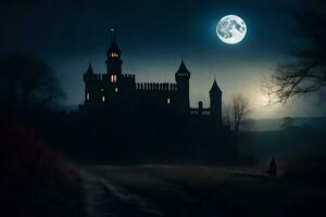 une Château dans le foncé avec une plein lune. généré par ai photo