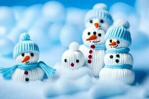 bonhommes de neige dans bleu et blanc tricoté Chapeaux. généré par ai photo