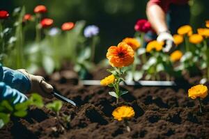 une homme et femme sont travail dans le jardin. généré par ai photo