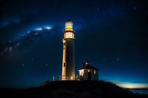 le phare à nuit avec le laiteux. généré par ai photo