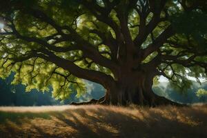 le géant chêne arbre dans le milieu de une champ. généré par ai photo