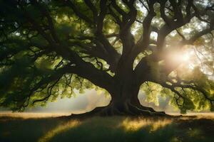 le Soleil brille par le branches de un vieux chêne arbre. généré par ai photo