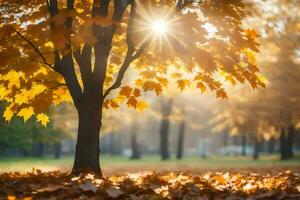 l'automne feuilles sur le sol dans une parc. généré par ai photo