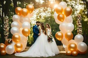 une la mariée et jeune marié permanent en dessous de une grand cambre de blanc et or des ballons. généré par ai photo
