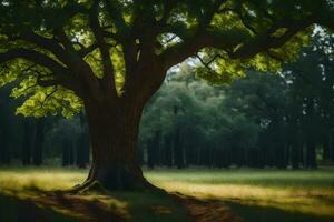 une grand arbre dans le milieu de une champ. généré par ai photo