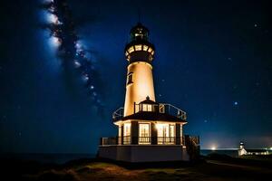 une phare est allumé en haut à nuit avec le laiteux dans le Contexte. généré par ai photo