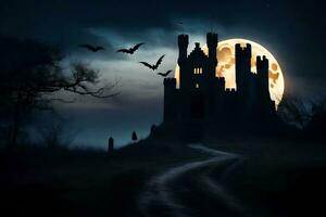Halloween Château avec chauves-souris en volant plus de le lune. généré par ai photo