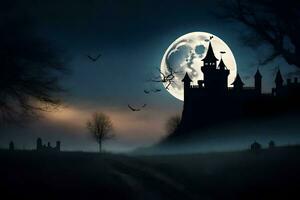 Halloween, château, lune, cimetière, nuit, brouillard, château, Halloween,. généré par ai photo