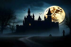 Halloween Château avec plein lune dans le Contexte. généré par ai photo