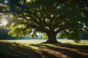 le Soleil brille par le feuilles de une grand arbre. généré par ai photo